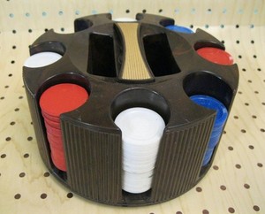 vintage Round Plastic Poker Chip Holder Gold Handle filled with RED WHITE BLUE