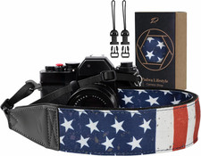 American Flag Print Camera Strap - 2" Full Grain Leather Ends, Vintage Flag Patt