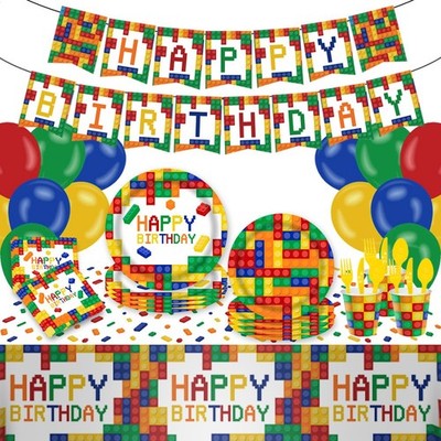 Building Blocks Birthday Party Supplies  for 16 Guests Fits LEGO building brick