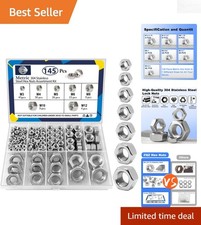 145 PCS Stainless Steel Hex Nuts Set - M3 to M12 Assortment for All Projects