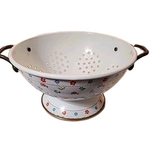 Vintage 1984 M. Kamenstein Inc. enamel & brass colander floral pattern 9"
