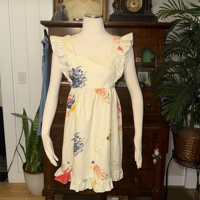 Handmade Flutter Sleeve Apron Dress Handmade Art Abstract Print Cream