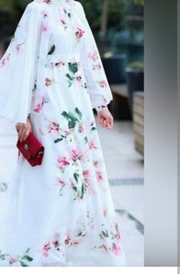 ANNAH HARIRI Kaftan Dress Floral Cape Overlay White Pink Green US 16