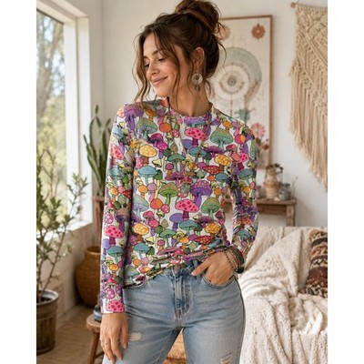 Ginger G Mushroom Print Top Women Small Multi-Color Excellent Mock Neck Retro