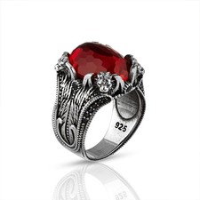 925 Sterling Silver Men's Ring, Garnet GemStone Men Silver Ring, Handmade Lion