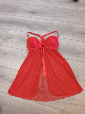Primark Secret Possessions Red Lace & Spot Mesh Racer Back Babydoll Top Size 32C