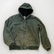 Carhartt Vintage Faded Moss Green J130 MOS Hooded Jacket Thrashed Distressed L