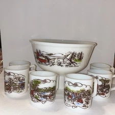 Hazel Atlas Currier And Ives Milk Glass Punch Eggnog Bowl and 6 Mugs. 