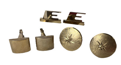 Vintage LOT CUFFLINKS TACK PINS Atomic Star, Initial ''E'' 1970 s Gold Tone Cuff