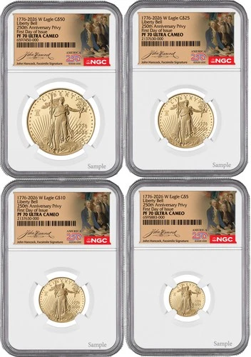 2026-W Proof Gold Eagle 250 Liberty Bell 4-Coin Set FDI NGC PF70 (1776-2026)