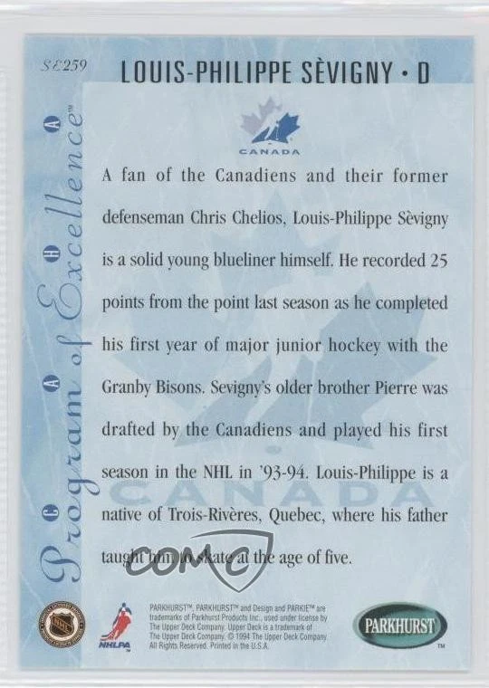 1994-95 Parkhurst SE Louis-Philippe Sevigny #SE259 Rookie RC - Image 2 of 2