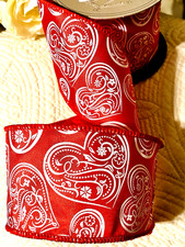 Valentine 2.5" by 2 yd Wired Ribbon by d. Steven  s White Pattern Hearts on Red