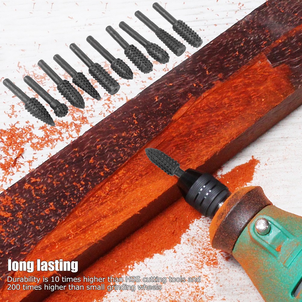 10pcs Burr Set Electric Rasp File For Woodworking Carving Tool 1/4in