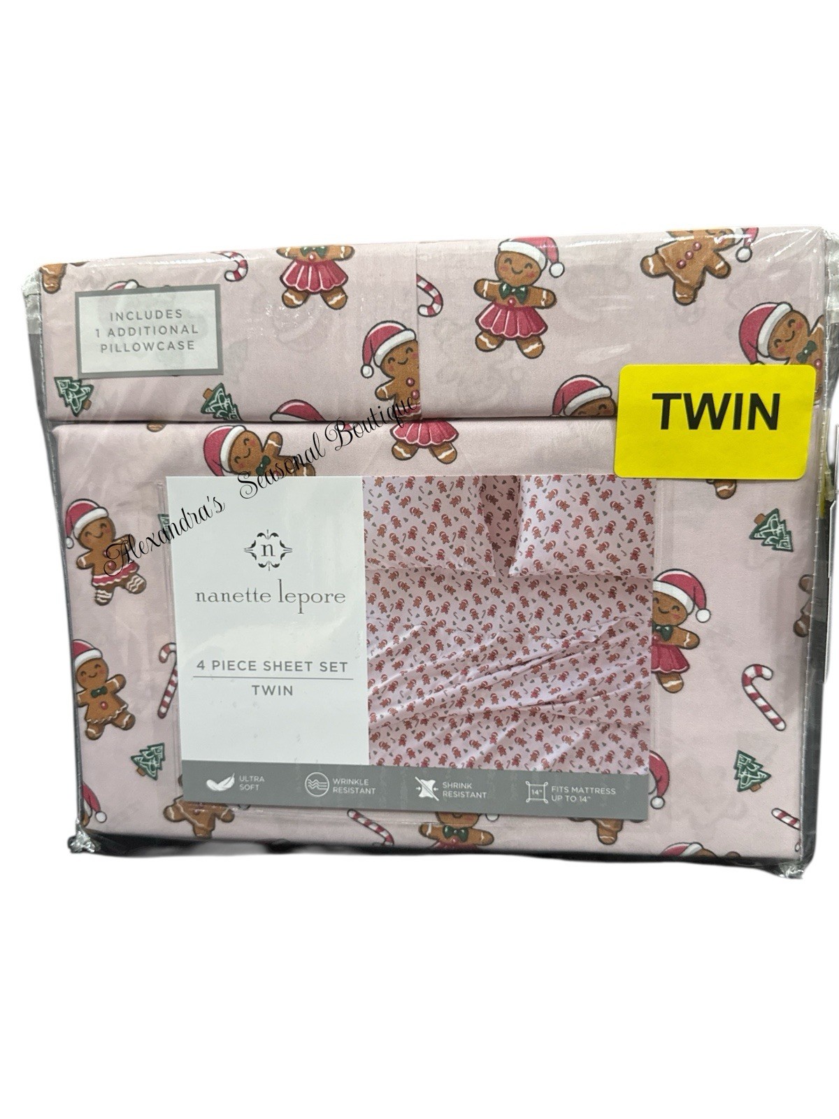 Nanette Lepore Shabby Chic Christmas 4 PC Twin Sheet Set Gingerbread Candy Cane