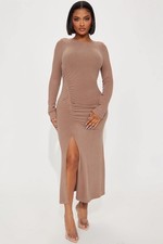 FASHION NOVA Kary Hacci Ruched Midi Dress-Taupe-Size XS
