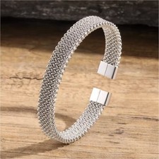 Women's Vintage Woven Silver Bracelet, Thick Stainless Steel, Water Resistant