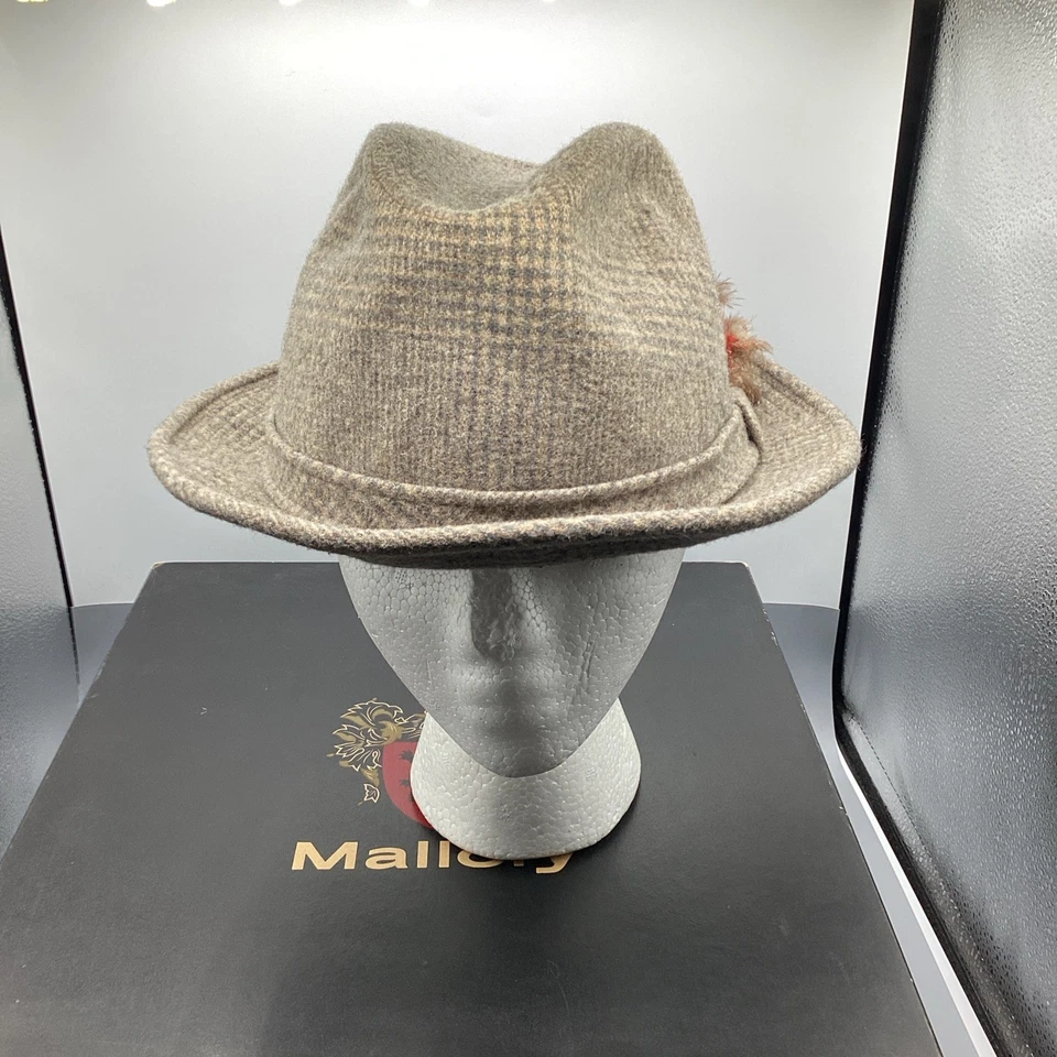 Dobbs Fifth Avenue Fedora Hat 7 3/8 Beige Tweed Wool Plaid Feather W Mallory Box - Image 3 of 4