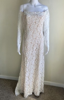 Lulus White Lace Off Shoulder Wedding Dress Long Sleeve A-Line Bridal Maxi M NWT