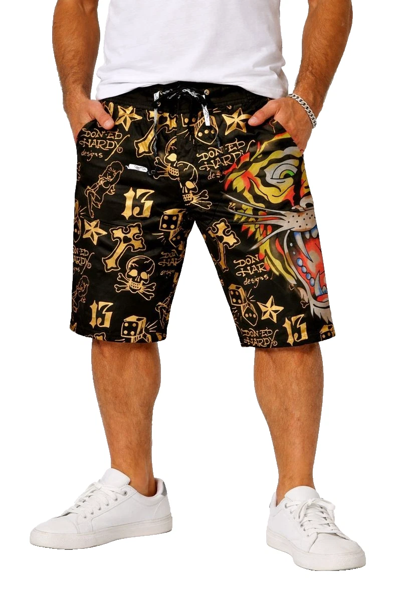 Ed Hardy Vintage Board Shorts Large NWT Black Gold Tiger Skull Y2K Surf Shorts