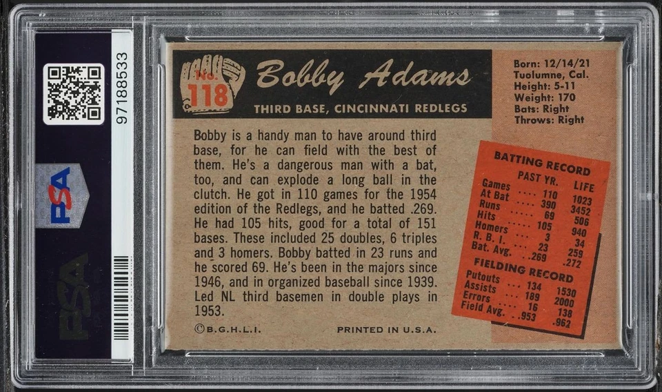 1955 Bowman BB Card #118 Bobby Adams Cincinnati Redlegs PSA 8 NM-MT - Image 2 of 2