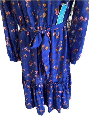 New $78 DRAPER JAMES RSVP Cobalt Blue Dress Floral Print lg Slv midi tie belt L - Picture 4 of 14