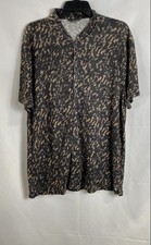 John Varvatos Men's Black Tan Abstract Linen Band Collar Button Up Shirt XL