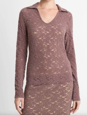 Vince. Lace long-sleeve polo top Women's 6 / Smoky Berry BNWT