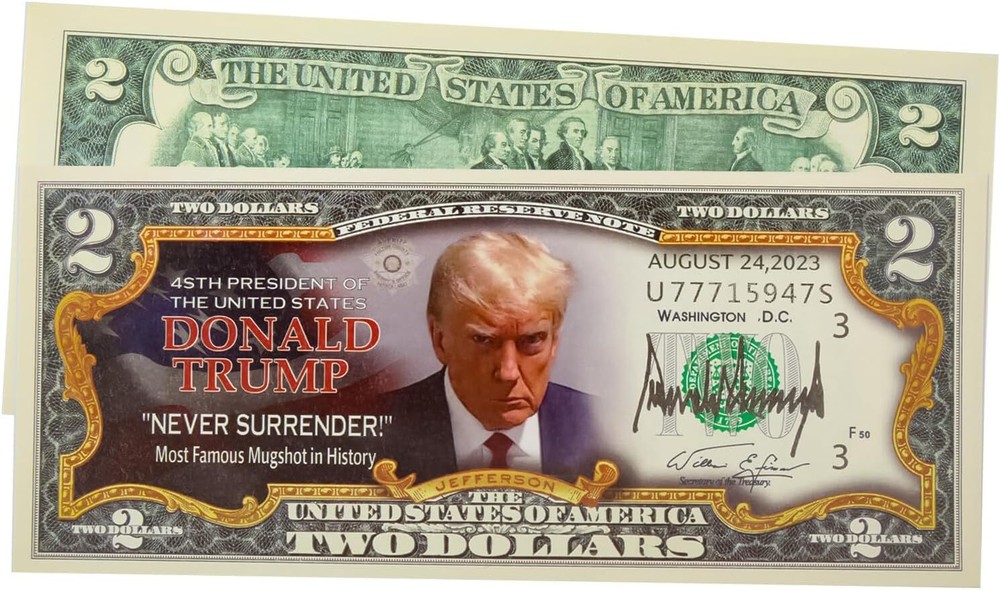 Donald Trump 2 Dollar Bill Never Surrender Colorized Mugshot...
