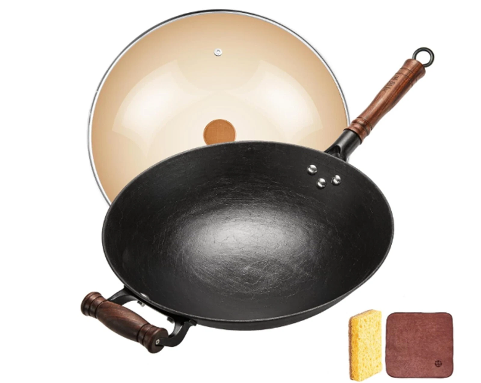 WANGYUANJI 12.6-Inch Cast Iron Chinese Wok with Round Bottom & Glass Lid - Tradi