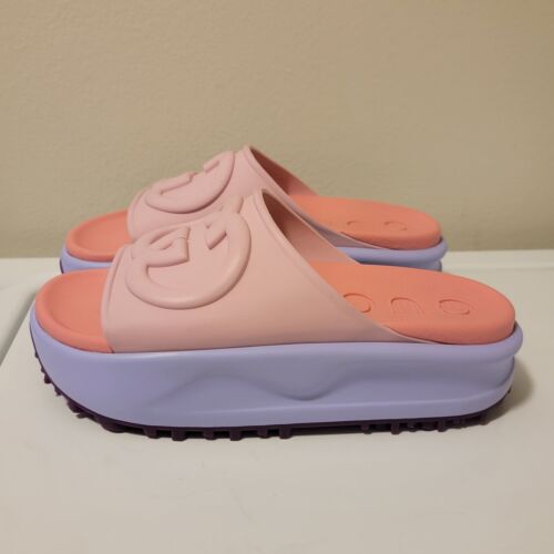 GUCCI Miami Interlocking G Platform Rubber Slides Sugar Pink Womens Sz 35 / US 5 - Imagen 4 de 13