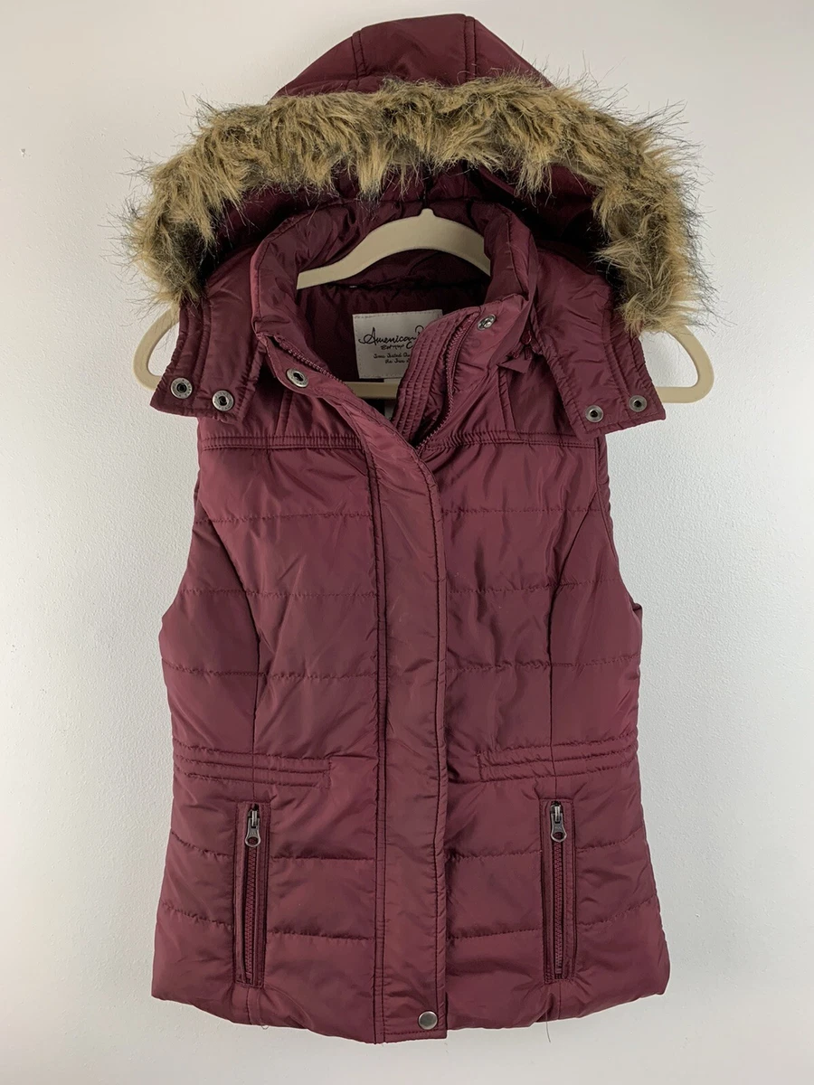 American Rag Puffer Faux Fur Hooded Vest Womens Sz Small Maroon Quilted  Snaps | eBay