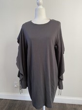 Zara Basic Collection Women’s Gray Cotton Shirt Dress Ruffle LS Oversized Sz L