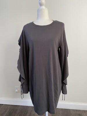 Zara Basic Collection Women s Gray Cotton Shirt Dress Ruffle LS Oversized Sz L