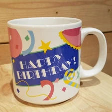 Russ Berrie Happy Birthday Coffee Mug Cup Confetti Balloons Vintage- Swanky Barn