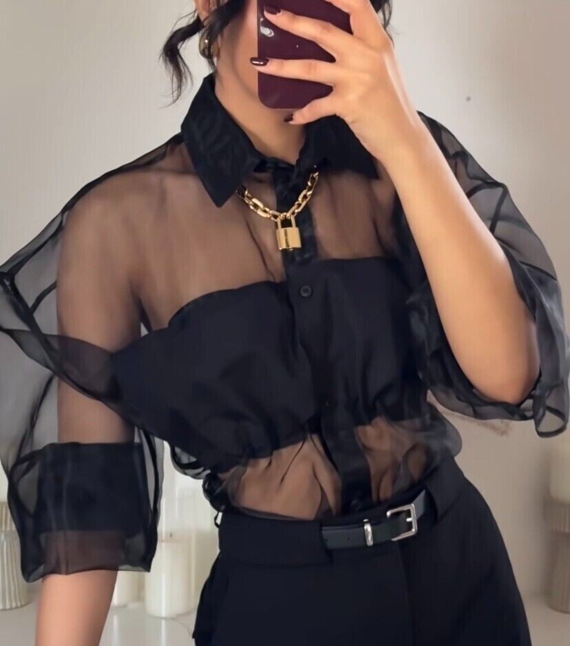 ZARA NEW WOMAN SEMI-SHEER OVERSIZED ORGANZA SHIRT BLACK XS ZARA NEW WOMAN SEMI-SHEER OVERSIZED ORGANZA SHIRT BLACK XS