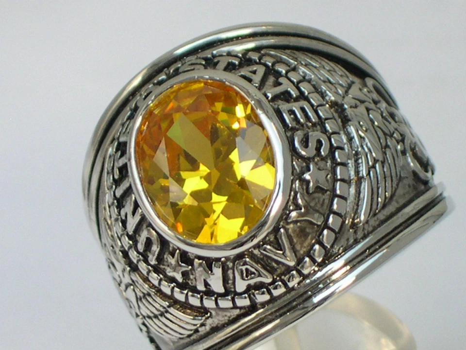 12 x 10 мм ВМС США военного ноября желтый CZ камень мужчин кольцо размер 7-15 - Изображение 4 из 4