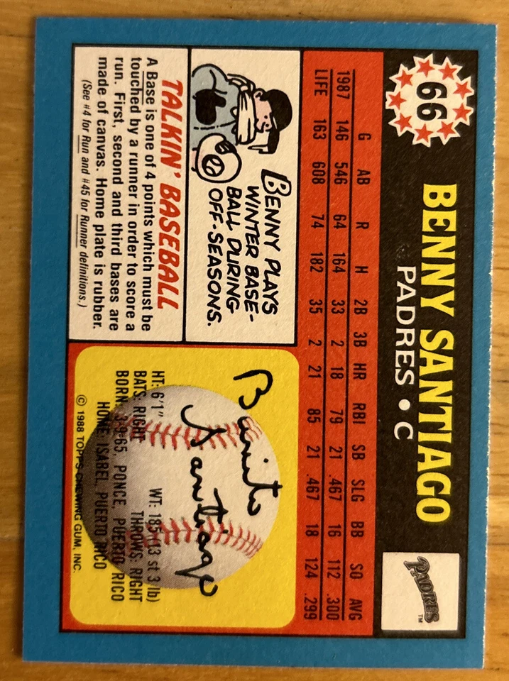1988 Topps Reino Unido Minis Béisbol Americano Benny Santiago #66 Padres Grado Medio O/C Foto 2 de 2