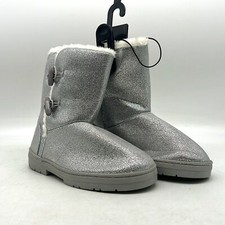 Bebe Girls Shimmery Round Toe Mid Calf Fur Trim Silver Winter Boots Size 3