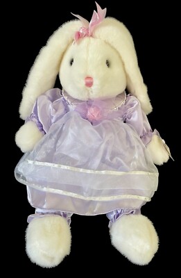 Vtg MTY White Bunny Rabbit Plush Easter Purple Satin Dress 18''Toy Eckerd