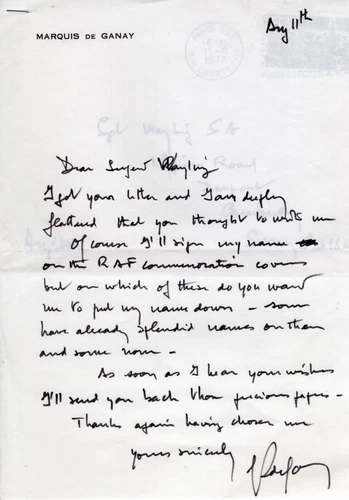 WW2 SOE Prosper Network agent Marquis de Ganay signed hand written letter