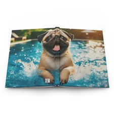 Swimming Pug Hardcover Journal Matte, Cute Dog Notebook Dotted Grid, Pug Lover