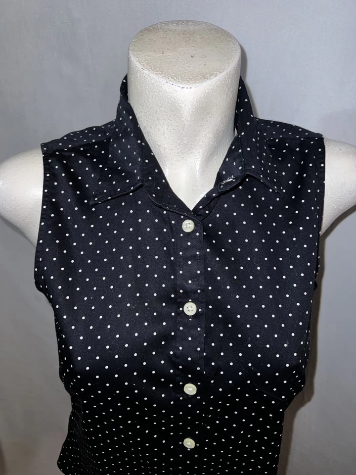 Camisa Banana Republic Top Para Mujer Talla 10 Negra Blanca Sin Mangas Lunares Botón Foto 2 de 4