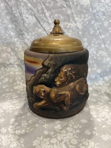 *RARE* Antique Morimura Nippon Molded Porcelain Humidor w/Lion & Lioness/EUC
