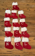 LOT Of  13 Mini Stockings Christmas Ornaments Initial C,N,L Red and White. 