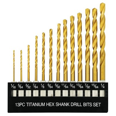 13 Pcs Titanium Coated Twist Hex Shank Drill Bit Set, 135 Degree Tip HSS Impa...