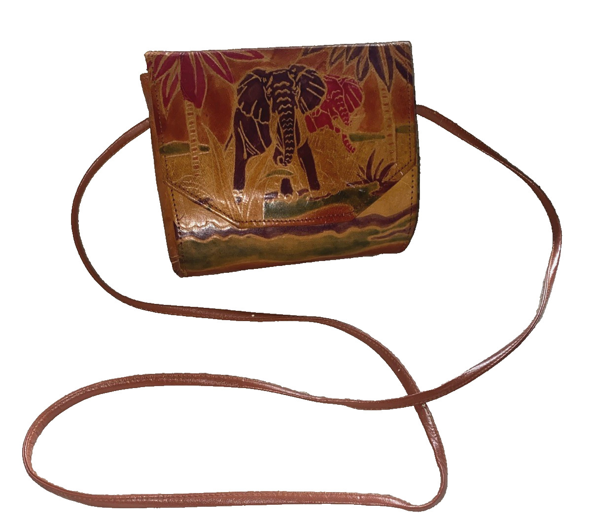 Mediterranean Styles Hand Painted Leather Purse With Elephants Design 90's