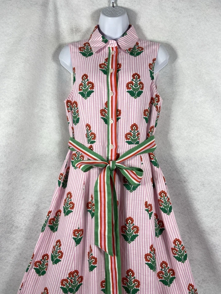 Boden Shirt Dress Women’s 8 Pink White Striped Sleeveless Floral Belted - Image 2 of 4