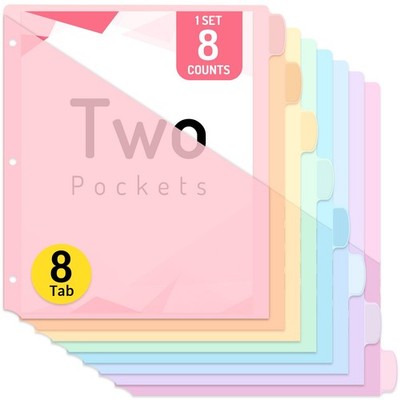8 Count Dividers with Two Pockets, 8 tab Binder Dividers