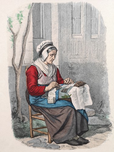 Old coloured xylography from 1880. "Lace lacemaker from the area of Bruges