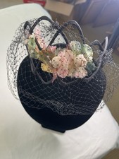 Vintage Black Floral Veil Headpiece with Pastel Flowers and Netting